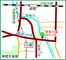 飛鳥川堤のエノキ　マップ